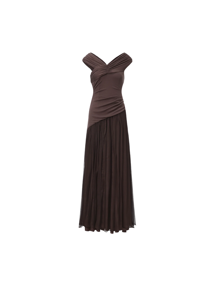 Dark Violet Silk Paneled Off-Shoulder Long Skirt