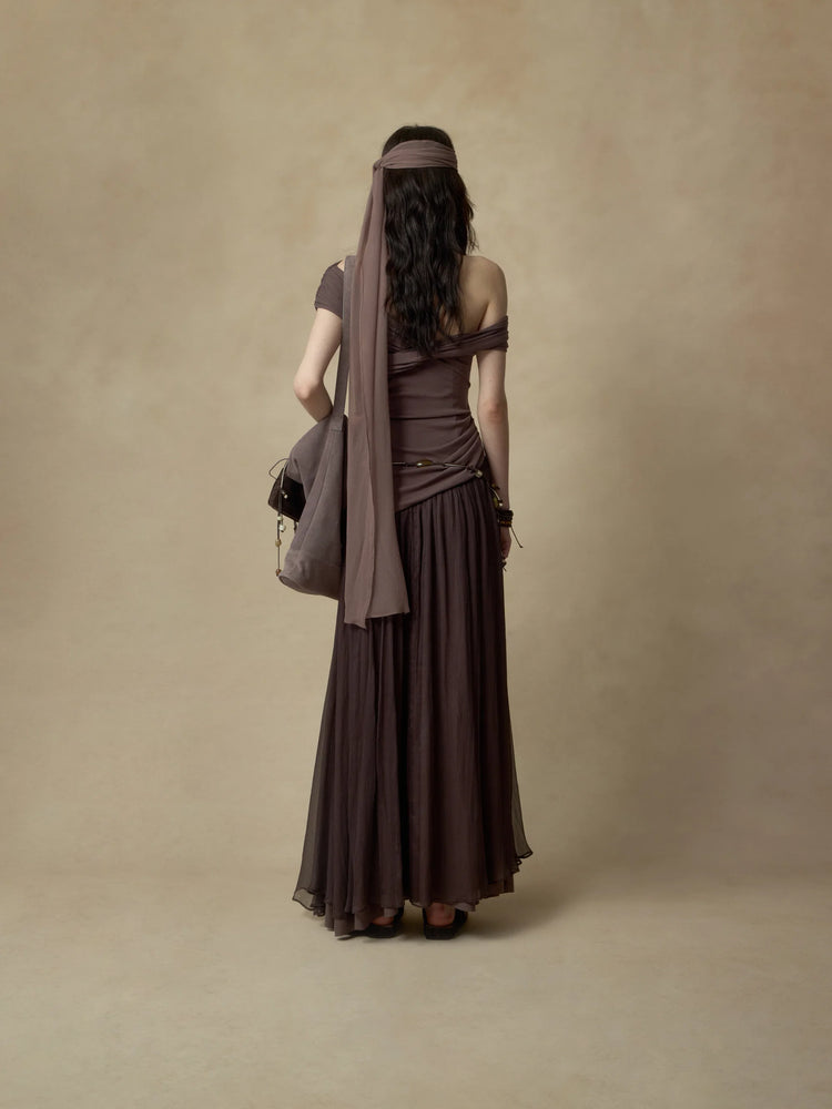 Dark Violet Silk Paneled Off-Shoulder Long Skirt