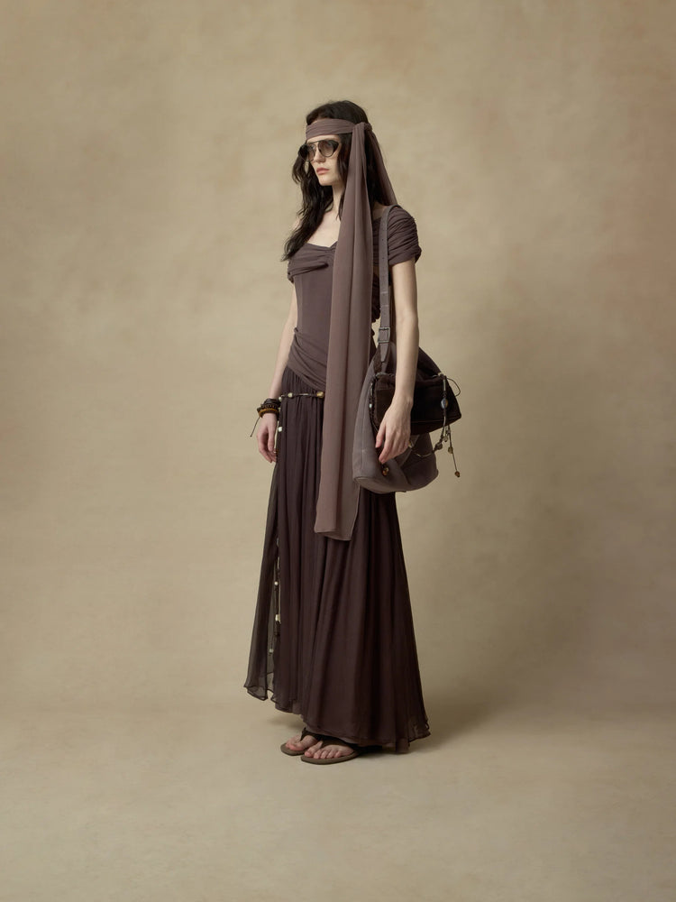 Dark Violet Silk Paneled Off-Shoulder Long Skirt