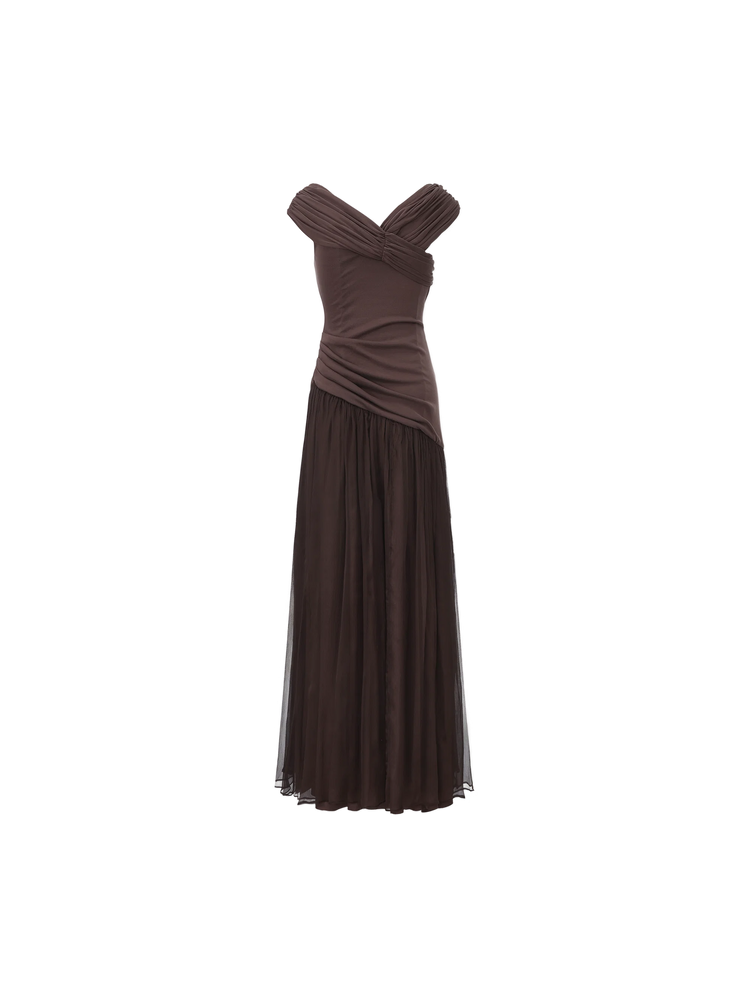 Dark Violet Silk Paneled Off-Shoulder Long Skirt