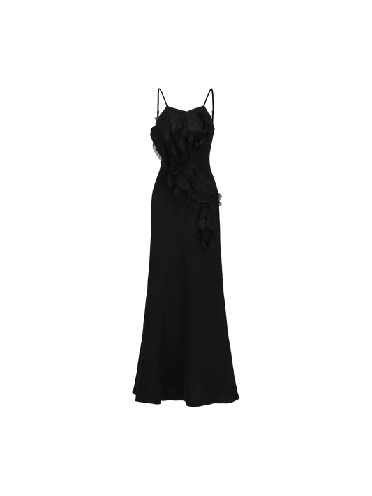 Black Asymmetrical Flounce Linen Slip Dress