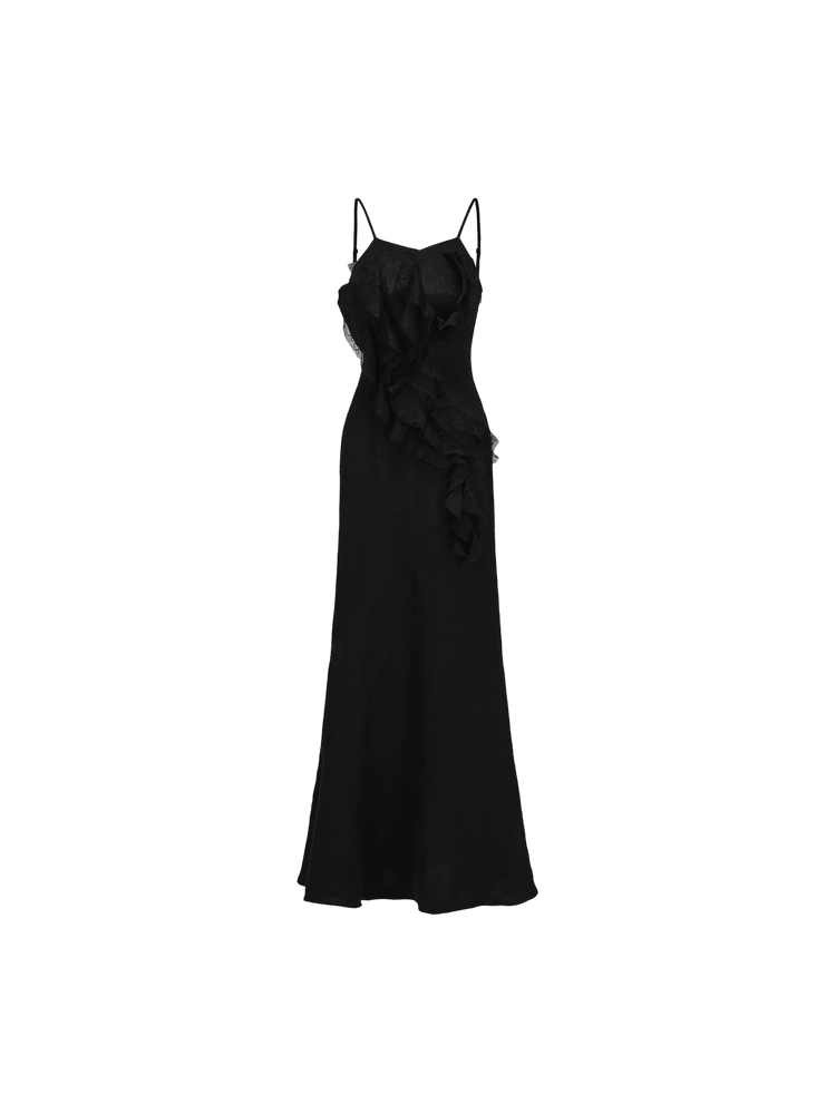 Black Asymmetrical Flounce Linen Slip Dress