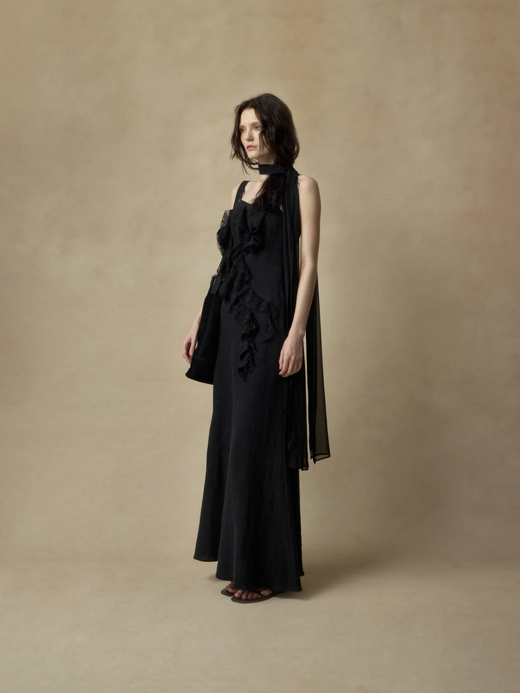 Black Asymmetrical Flounce Linen Slip Dress