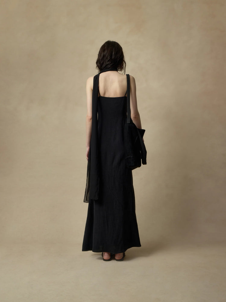 Black Asymmetrical Flounce Linen Slip Dress