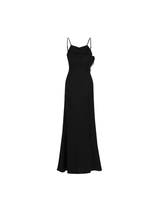 Black Asymmetrical Flounce Linen Slip Dress