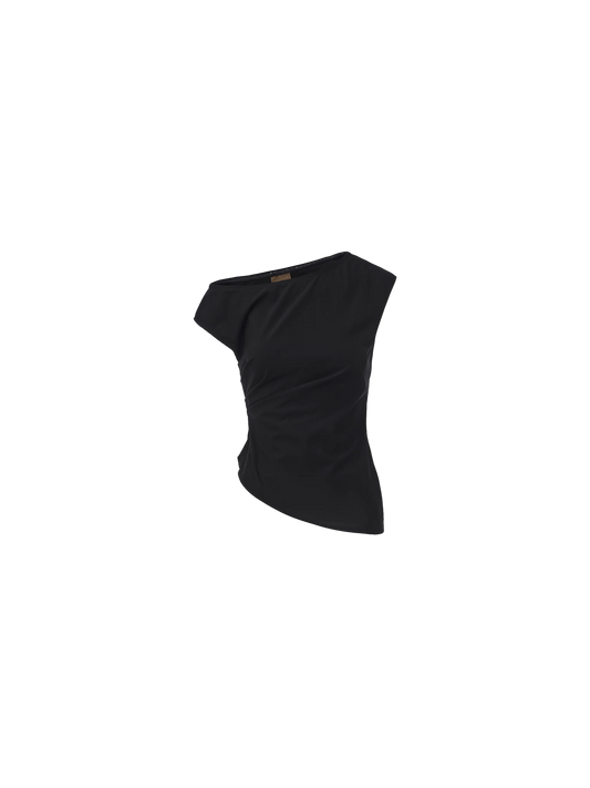 Black Asymmetrical Ruffled Elastic Off-shoulder Top