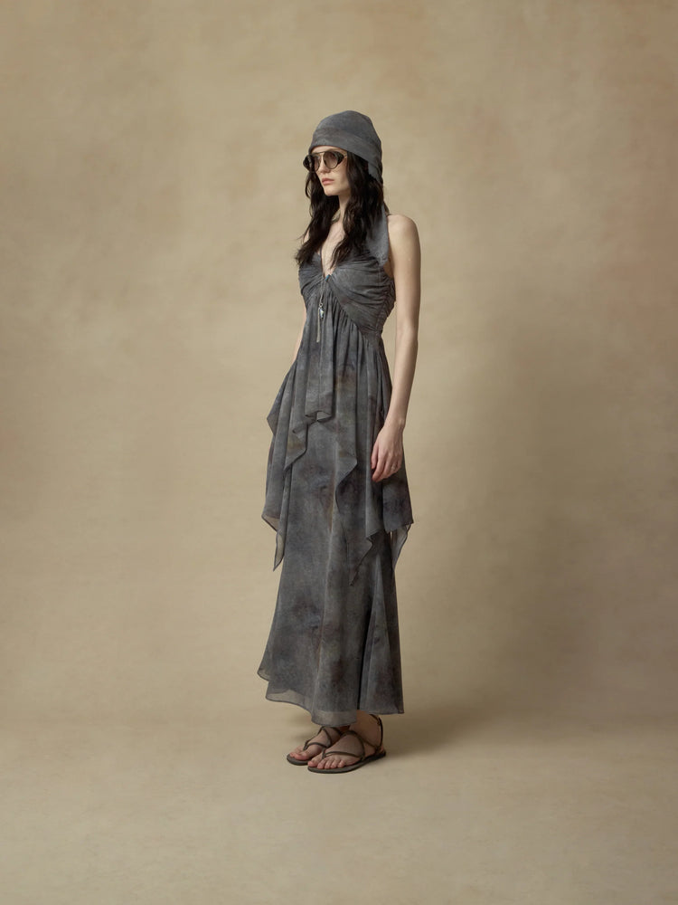 Black Grey Ink Wash Ruched Camisole Dress