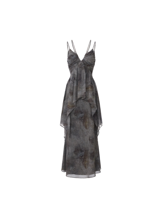 Black Grey Ink Wash Ruched Camisole Dress