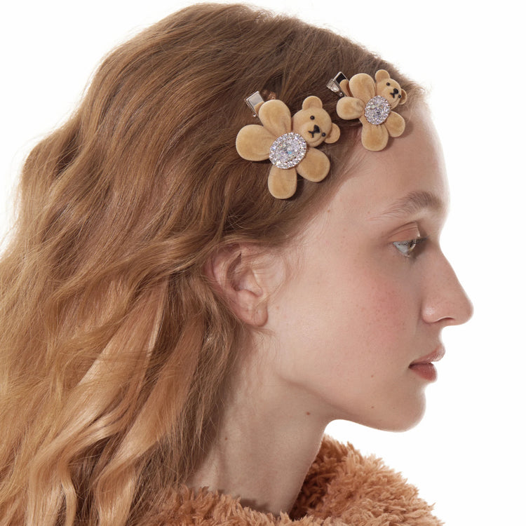 Paradise / Flocked Bear Gemstone Flower Hair Clip (Small)