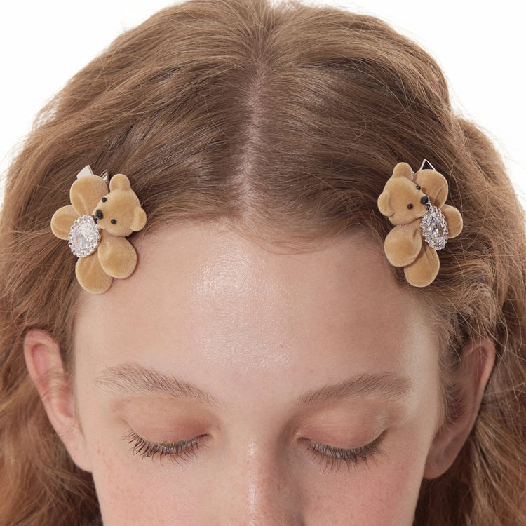 Paradise / Flocked Bear Gemstone Flower Hair Clip (Small)