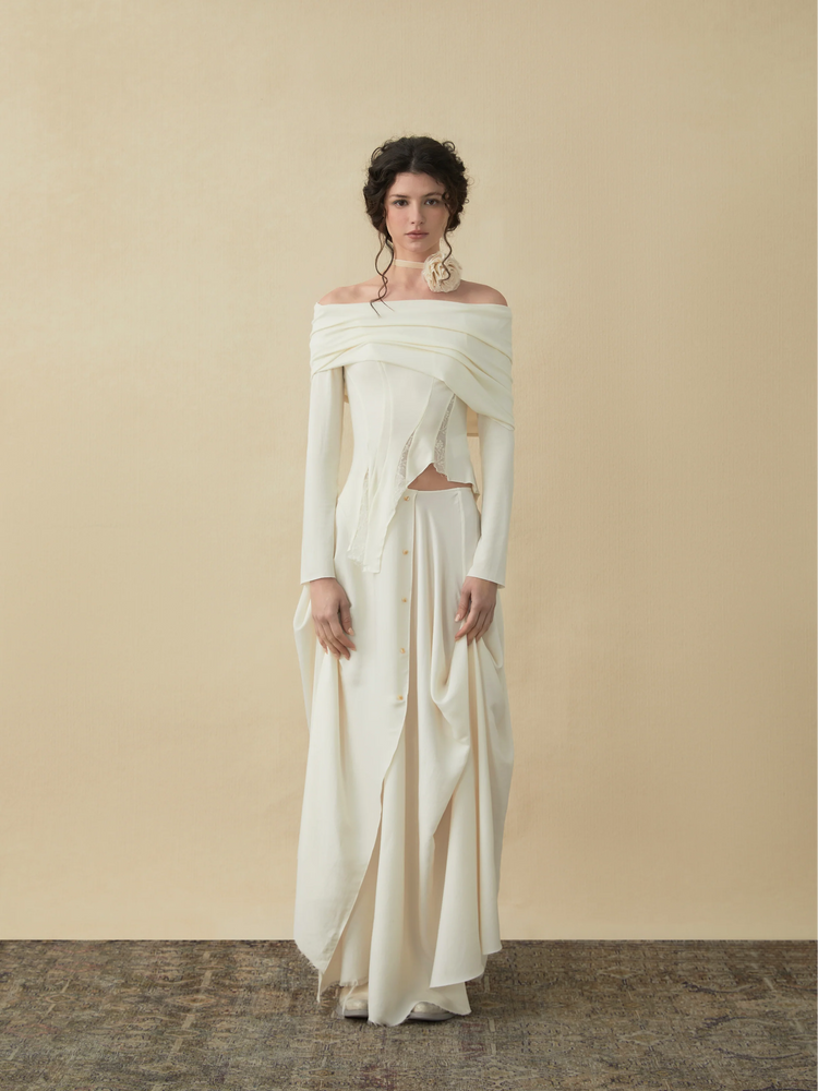 White Drape Mid-length Skirt With Button