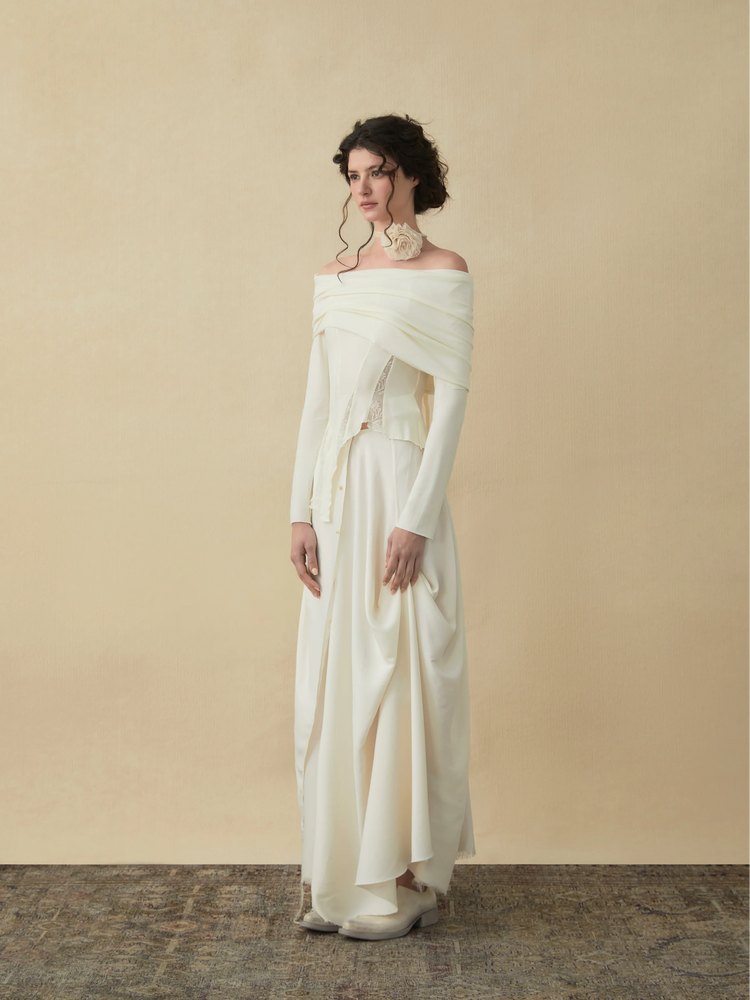 White Drape Mid-length Skirt With Button