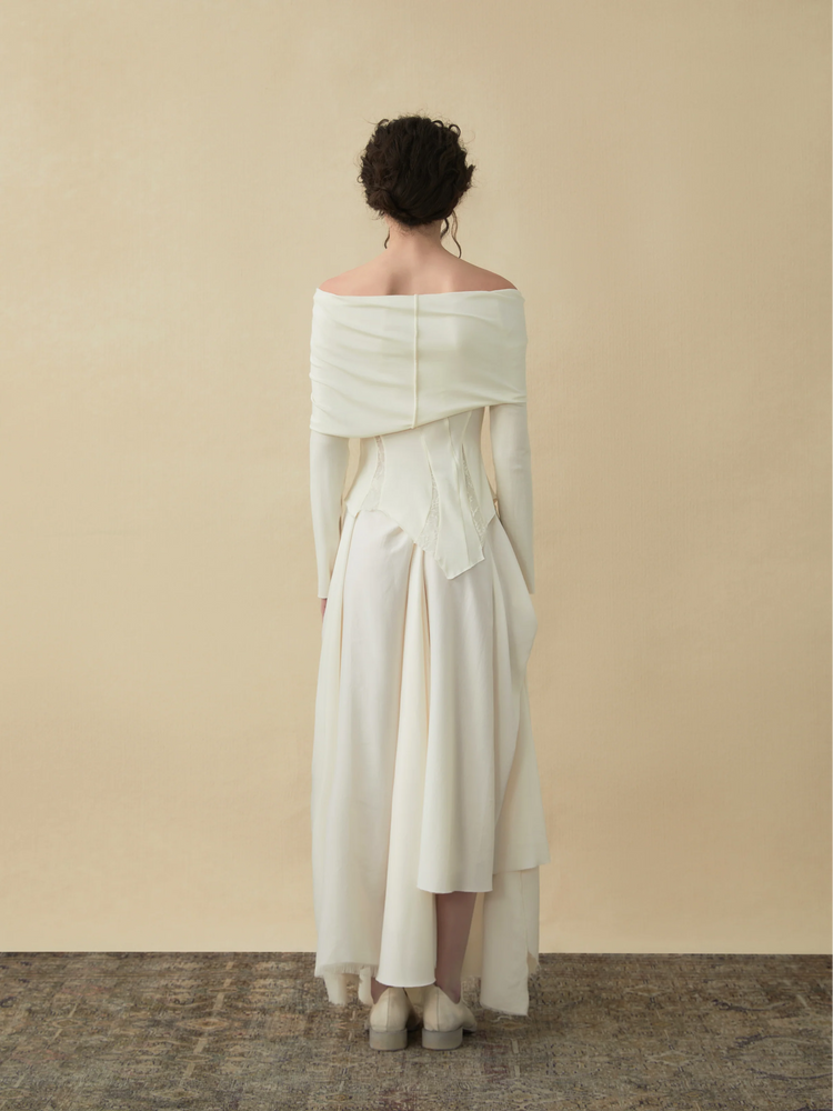 White Drape Mid-length Skirt With Button