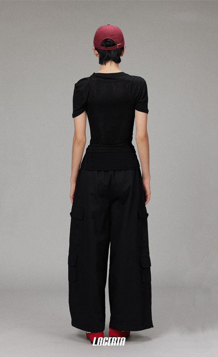 Denim Printed Patchwork Wide-leg Pants