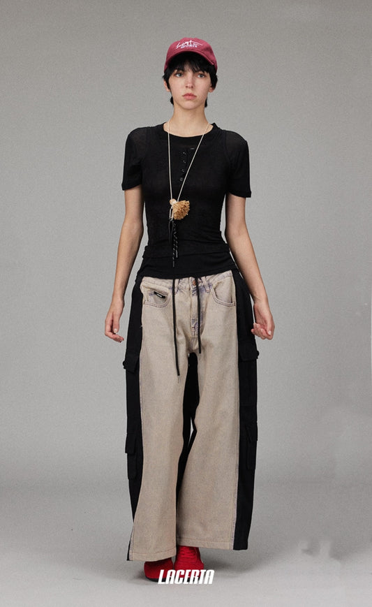 Denim Printed Patchwork Wide-leg Pants