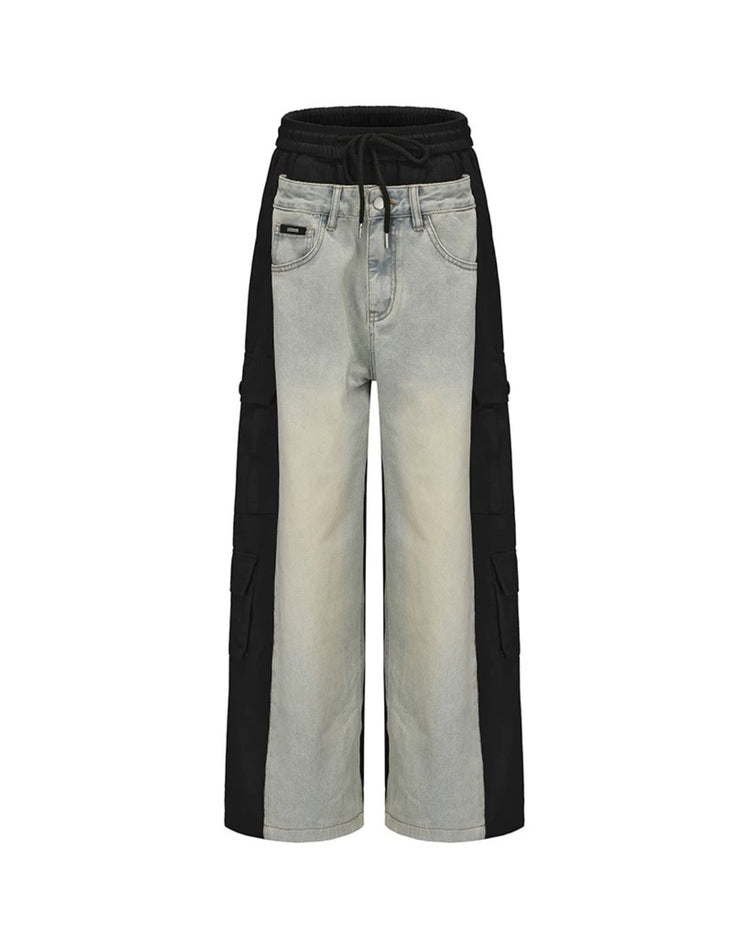 Denim Printed Patchwork Wide-leg Pants