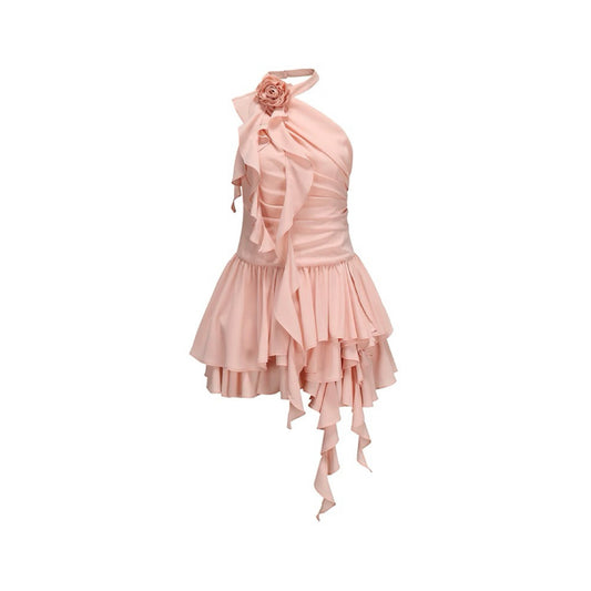 Chiffon Off-shoulder 3D Flower Halter Dress