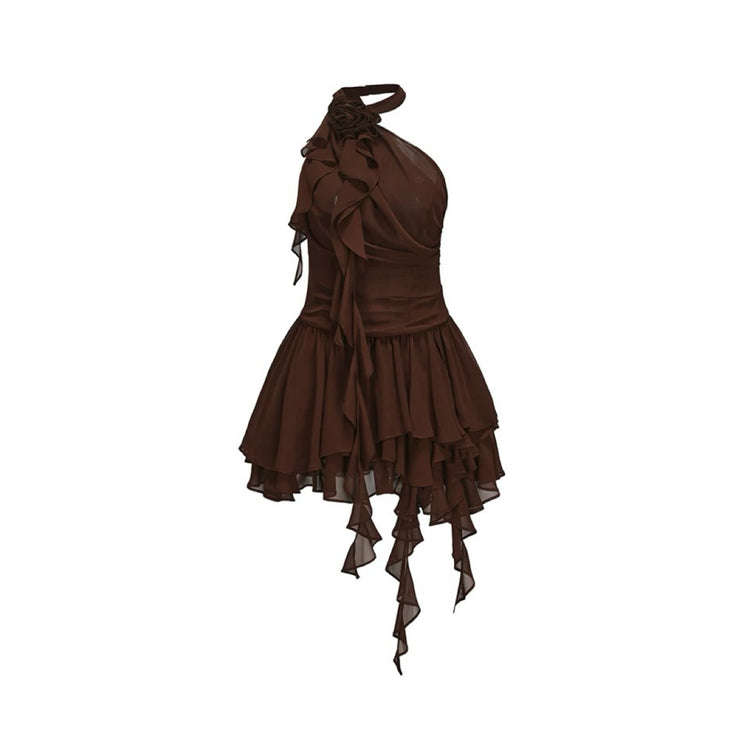 Chiffon Off-shoulder 3D Flower Halter Dress