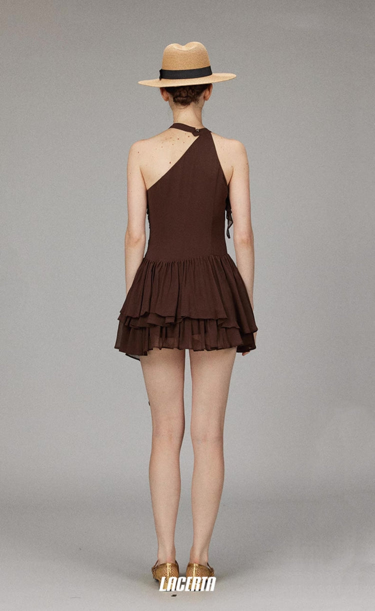 Chiffon Off-shoulder 3D Flower Halter Dress