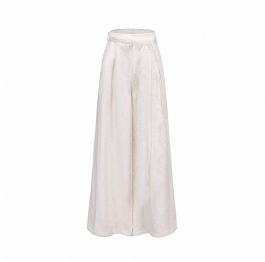 Lace Detailing Linen Wide-leg Pants