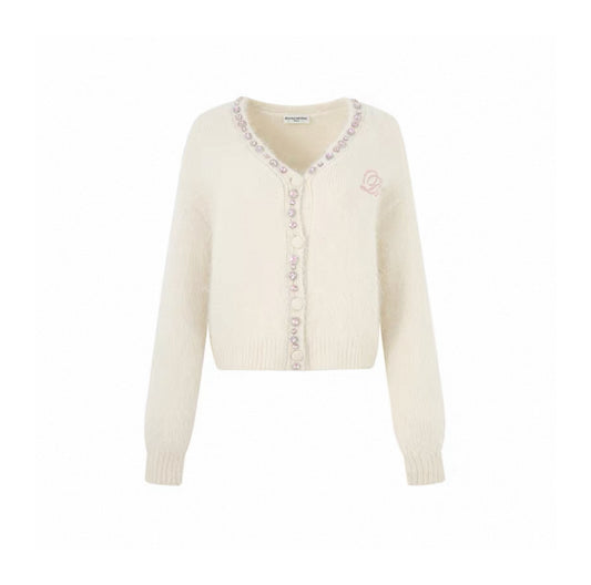 Diamond-Embellished Cloud-Feel Knit Cardigan