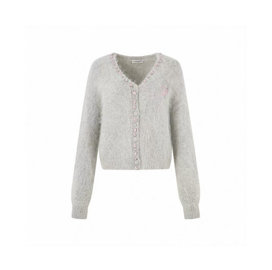 Diamond-Embellished Cloud-Feel Knit Cardigan