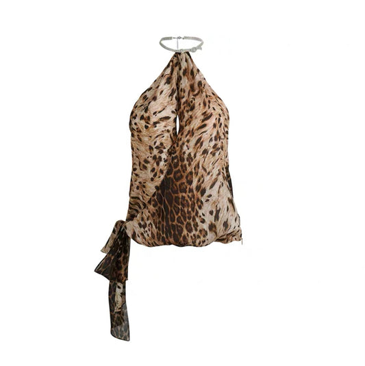 Leopard Print Rhinestone Chain Halter Top