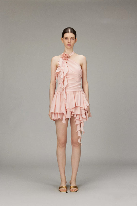 Chiffon Off-shoulder 3D Flower Halter Dress