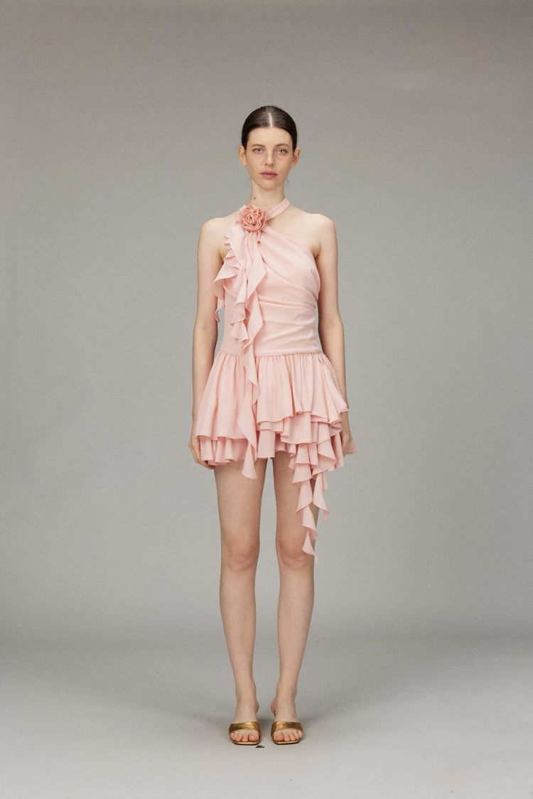 Chiffon Off-shoulder 3D Flower Halter Dress