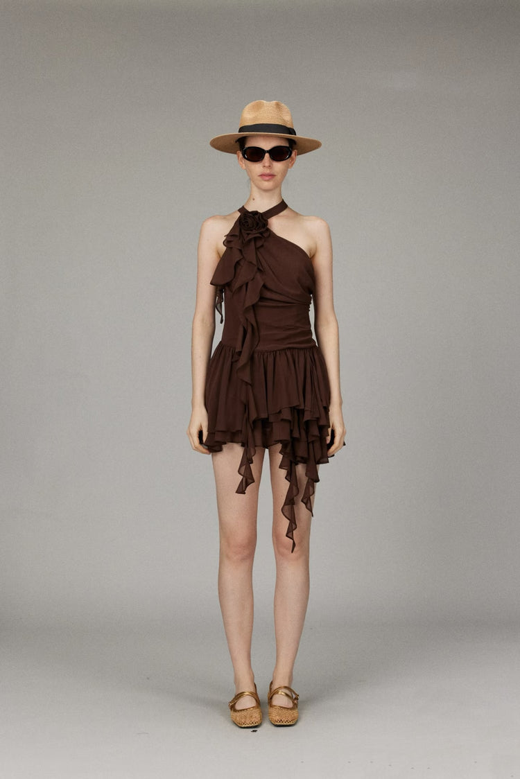 Chiffon Off-shoulder 3D Flower Halter Dress