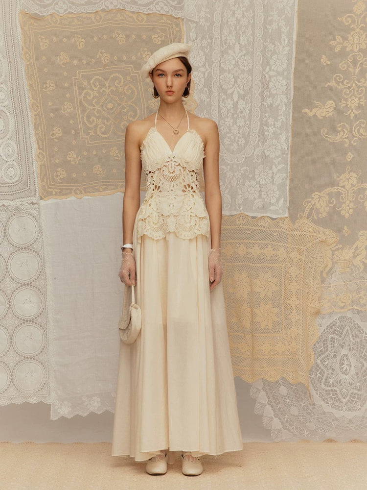 Halter Neck Hollow-out Embroidered Lace-up Dress
