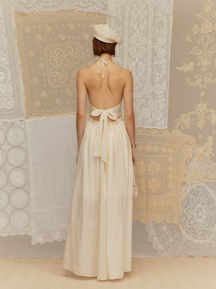 Halter Neck Hollow-out Embroidered Lace-up Dress