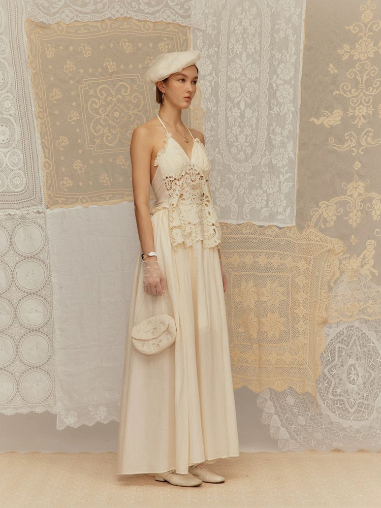 Halter Neck Hollow-out Embroidered Lace-up Dress
