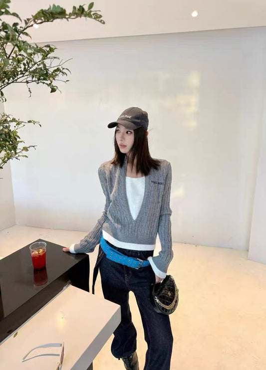 Deep V-Neck Patchwork Collared Sweater