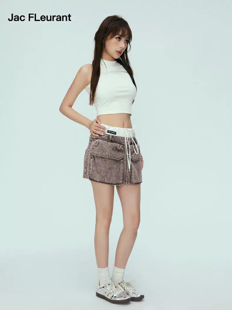 Washed Spliced Satin Denim Skirt