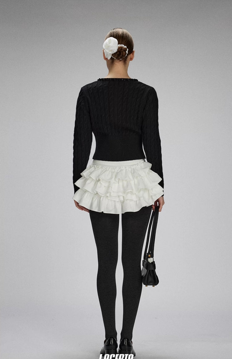 Sequin-Collar Cable Knit Cardigan