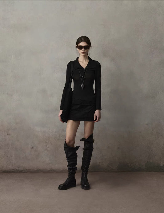Lace Panelled Asymmetric Collar Top