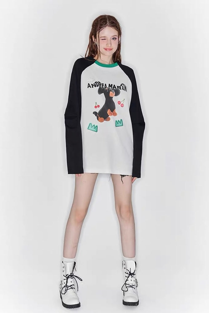 Embroidered Dog Raglan T-Shirt