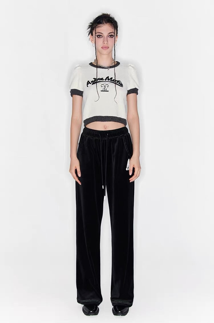Letter Print Velvet Wide-Leg Pants
