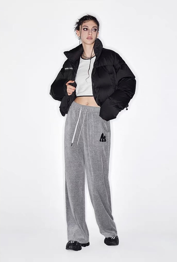 Letter Print Velvet Wide-Leg Pants