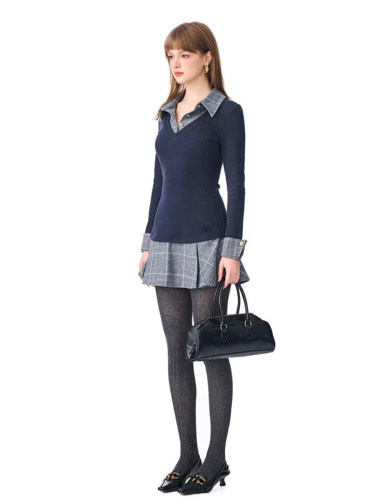 Faux Two-Piece Plaid Knit Dress
