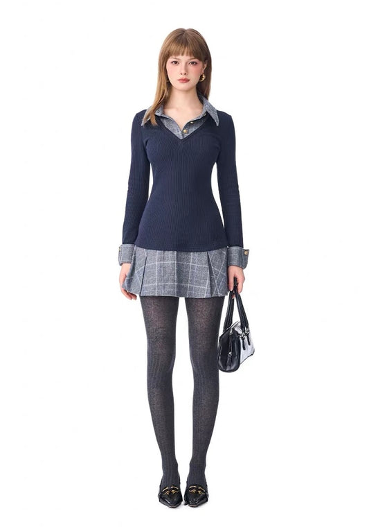 Faux Two-Piece Plaid Knit Dress