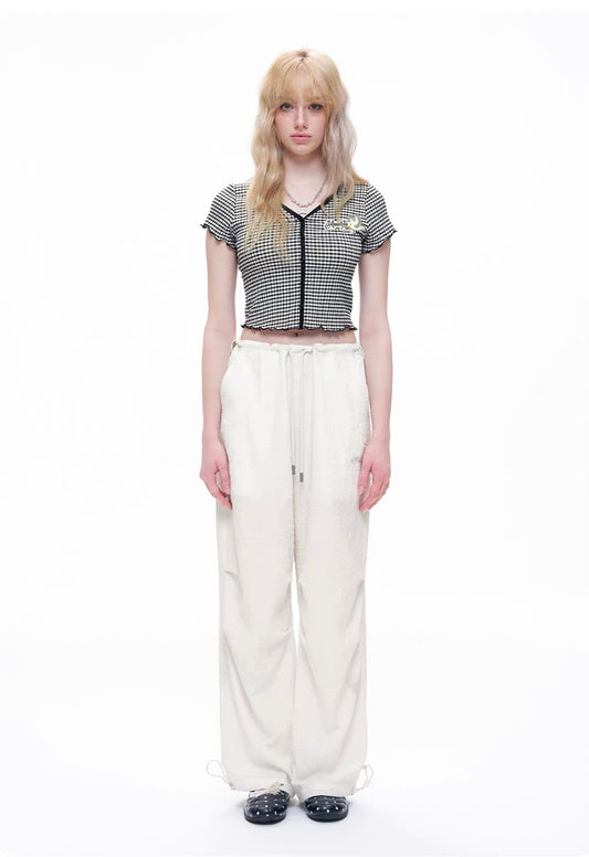 Textured Drawstring High-Waisted Casual Pants