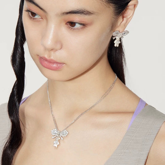 Gemstone Bow Pearl Glow Bear Necklace