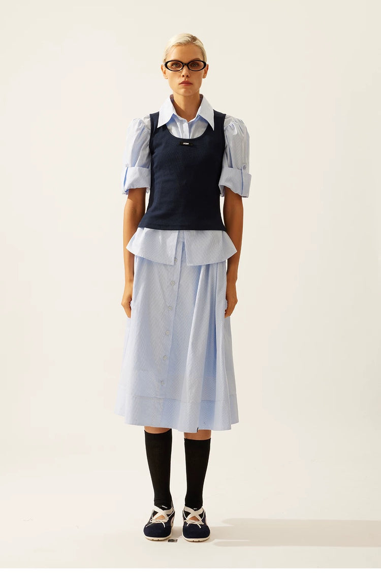 Preppy Elastic Waist Midi Skirt