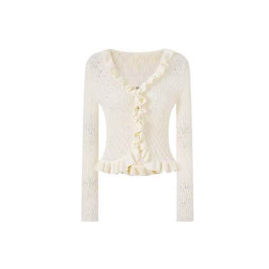 V-neck Cutout Ruffled-trim Knit Cardigan