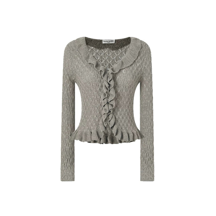 V-neck Cutout Ruffled-trim Knit Cardigan