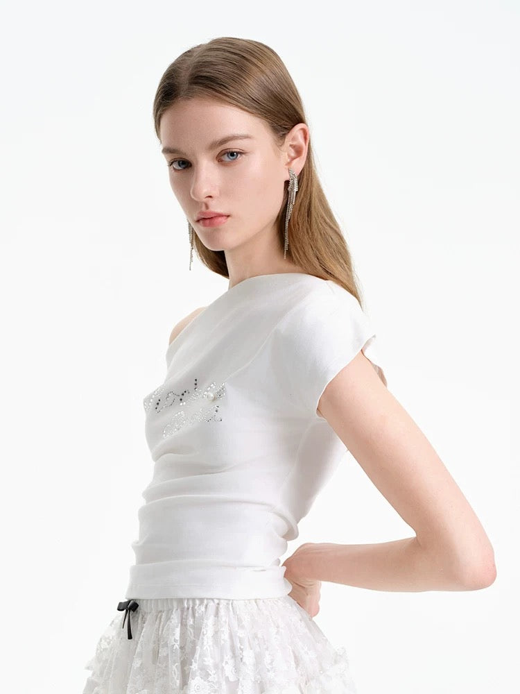 Shell Hotfix Rhinestone One-shoulder Top