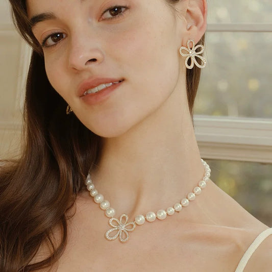 Lace Large Flower Pearl Earrings