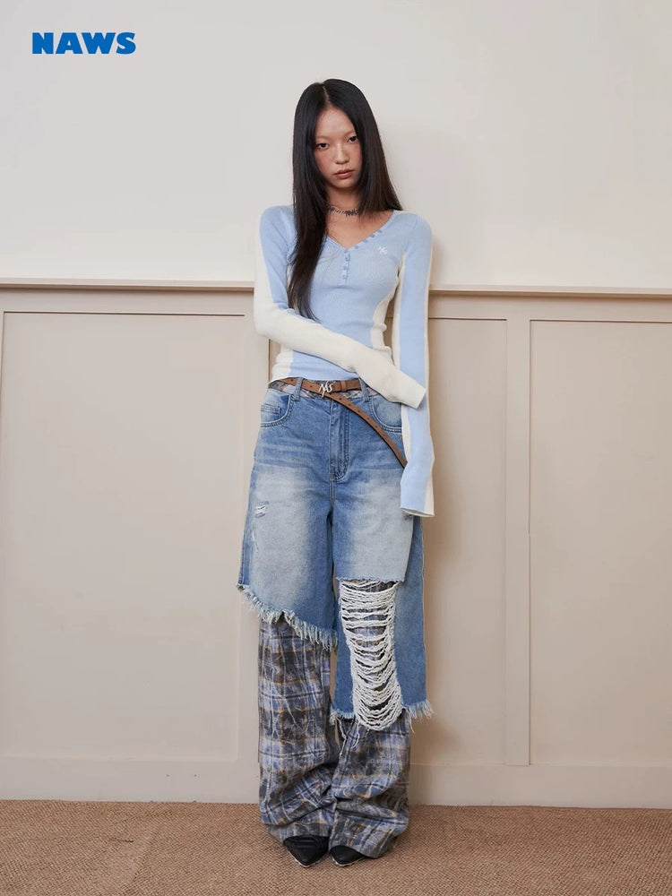 Mermaid Straight Shoulder V-neck Knit Top